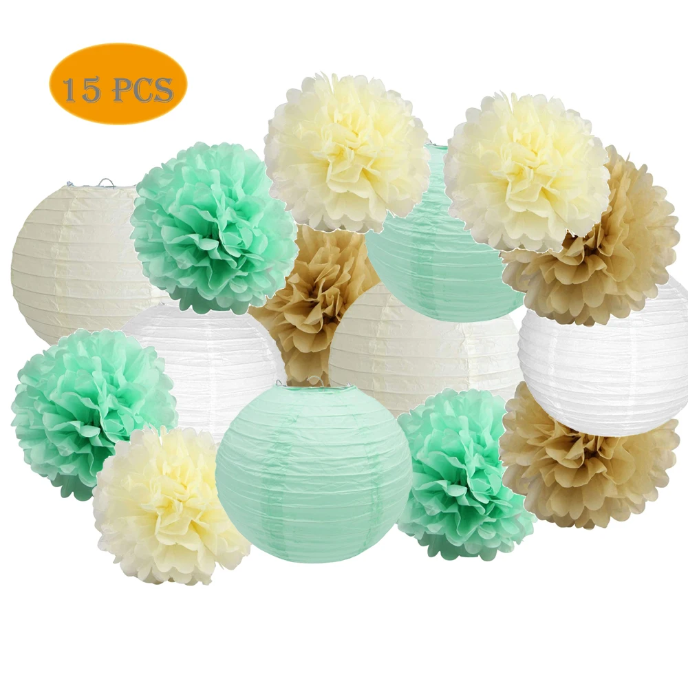 

15 шт. бежевая Мятная бумаги набор большой бумажный фонарь с бумажным помпоном 14 "бумажные лапионы для вечерние украшения дома сада