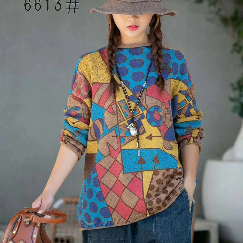 Литературный ретро Весна и осень новый с длинными рукавами Печатный свитер