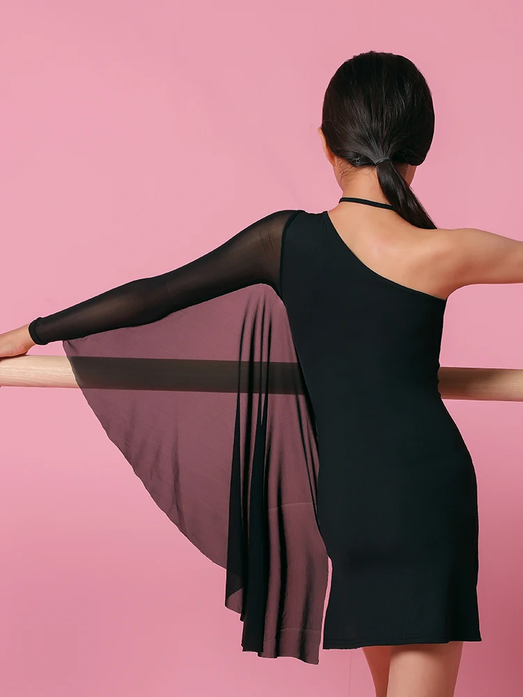 

ZYMdancestyle Dancing Sundy #20211H Girls Latin Dance Practice Wear Mesh Gauze Sleeve Sloping-shoulder Dress