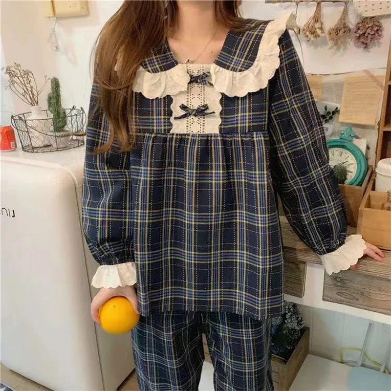 

Pajamas For Women Latest Style Large Size Chic Plaid Pajamas Patchwork Lace Geometric Long-Sleeved Home Wear Loose Sweet Pajamas