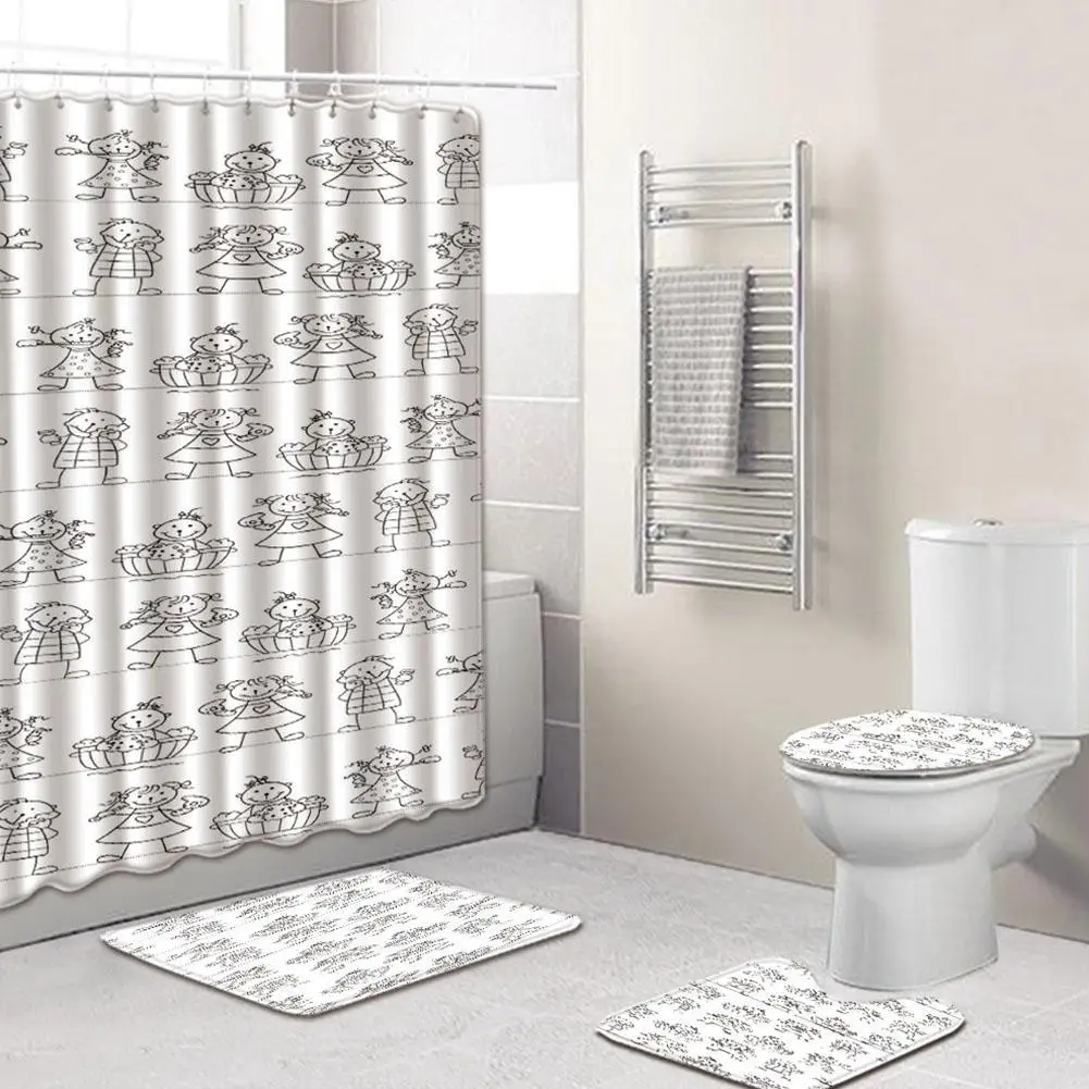 4 шт./компл. с простой печатью занавески для душа + напольный коврик чехол унитаза