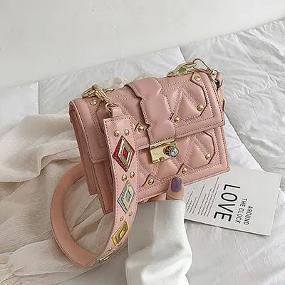 Pink ETAILL цветная модная женская квадратная сумка с широким ремешком из искусственной кожи женская дизайнерская сумка с заклепками и цепочкой через плечо - Цвет: Pink