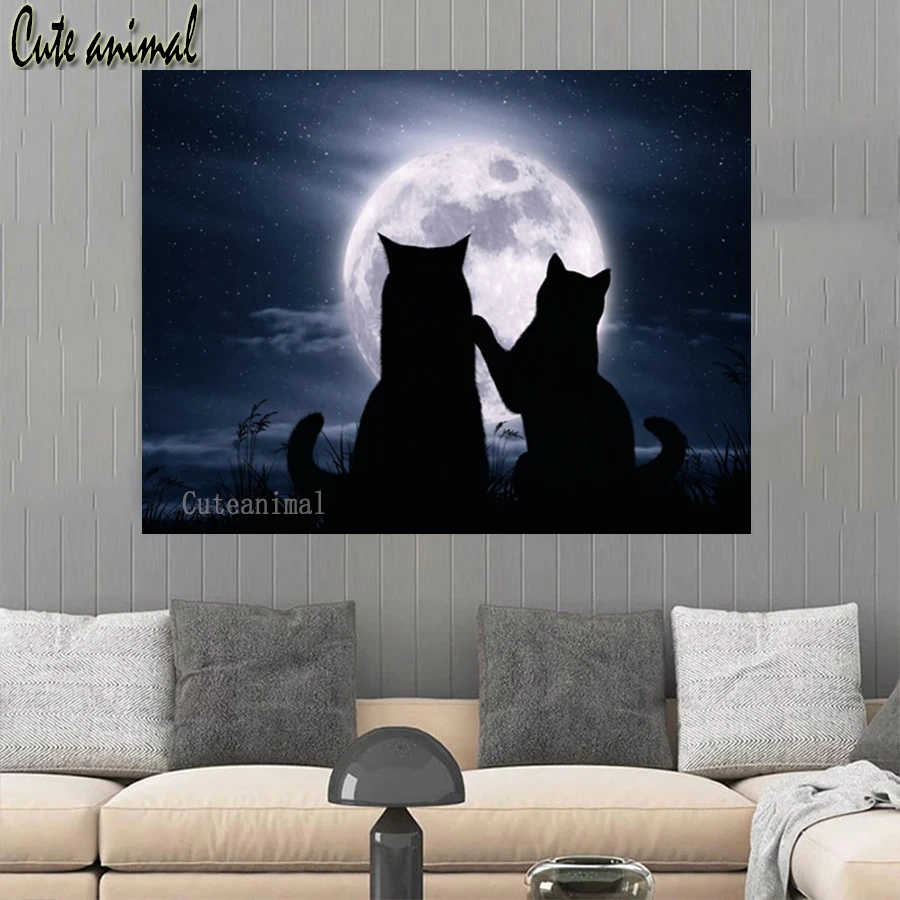 Алмазная живопись с изображением черной кошки пары Луны сделай сам