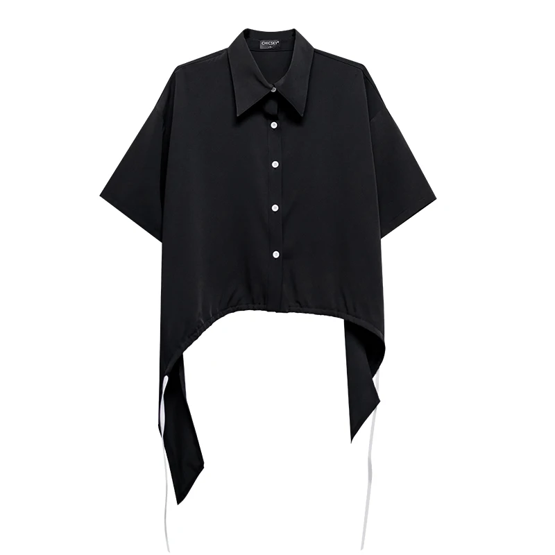 

Irregular Drawstring Black Shirt Women's Summer Short Sleeve Single Breasted Casual Top Female Loose Straight Plus Size Blouses