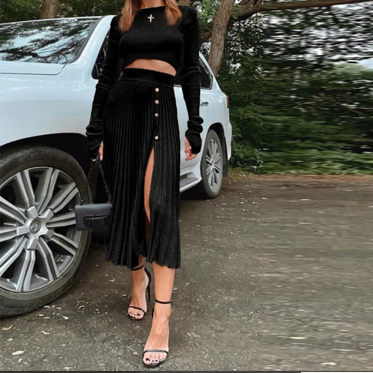 

Solid Sexy Sweater Cropped Top Midi Skirt Two Piece Set Women Matching Set Outfits Button Up Split Skirts Winter
