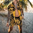 Костюм мужской повседневный пляжный из двух предметов, винтажный костюм с цветочным принтом, модная рубашка с воротником на пуговицах и шорты, костюм, лето 2021