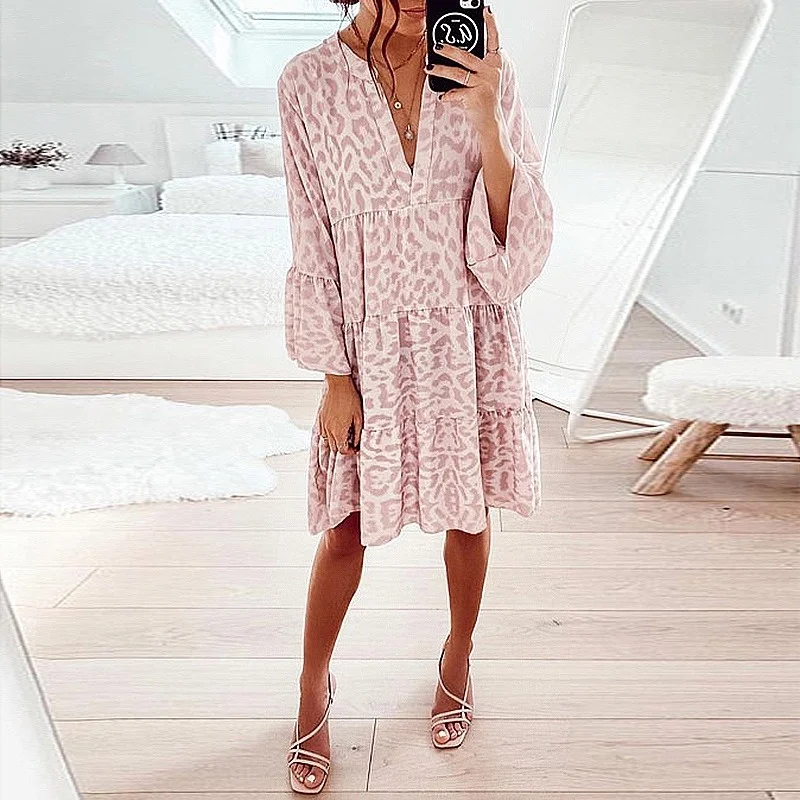 

WEPBEL Women Spring Summer Print Loose Dress Ladies Elegant Long Sleeve V Neck Ruffle Mini Dress