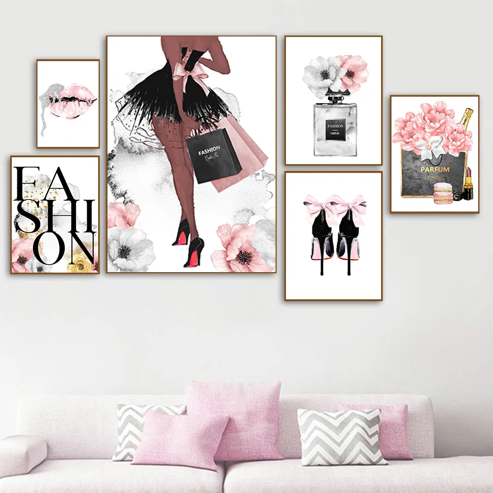 

Nordic Fashion Poster Perfume Makeup Canvas Art Print Painting Sexy Lips Painting High Heels Poster Pink Flowers Home Decor