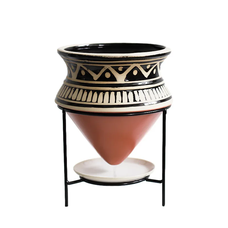 

2020 New Creative Ceramic Iron Frame Flower Pot Green Plant Pottery Garden Mini Succulent Pot Set Family Garden Decoration Vase