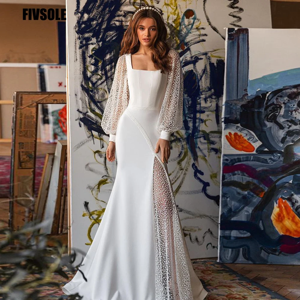

Fivsole Mermaid Robe De Mariee Wedding Dress 2021 Sleeves Square Collar Transparent Tulle With Squins Train Bridal Wedding Gowns