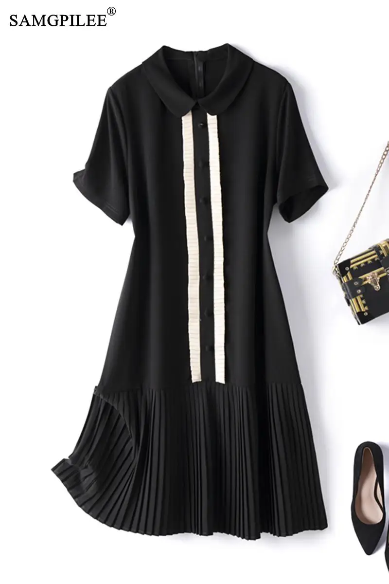 

French Hepburn Style Black Dress Women 2021 Ruffled Cloth Doll Collar European Short Sleeve Slim Summer Dresses Woman Plus Size