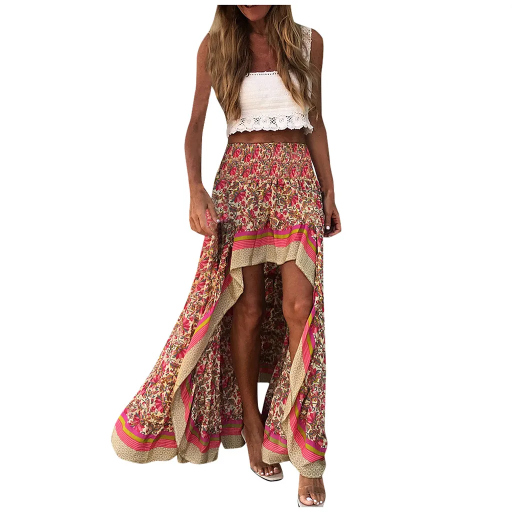 

Top Selling Fashion Women's Sexy Floral Print Holiday Beach Irregular Skirt Long Skirt