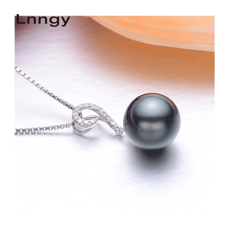 

Lnngy Natural Tahitian-cultured Black Pearl Pendant Necklace 925 Sterling Silver Hook 10mm Round South Sea Pearl Fine Jewelry