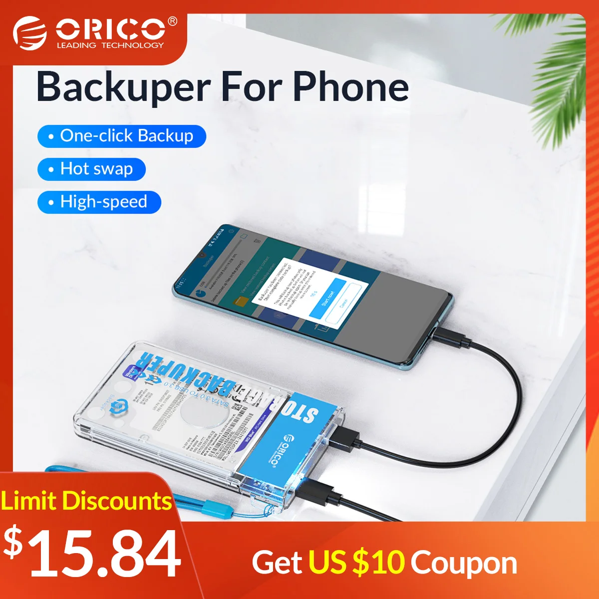 САП-порт ORICO для телефона, емкость 4 ТБ, 5 Гбит/с, SATA на USB C порт, одно касание, резервное копирование/удаление для путешествий, вечеринок, работы - изображение