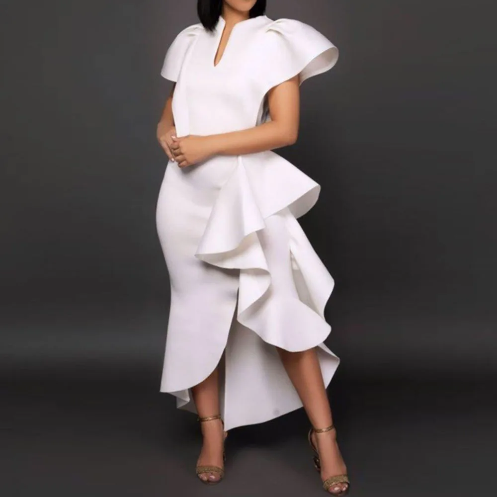 Summer Women Ruffles Evening Party Dresses Elegant African Asymmetric Mermaid Long Dress Plus Size White Robe De Soiree | Свадьбы и