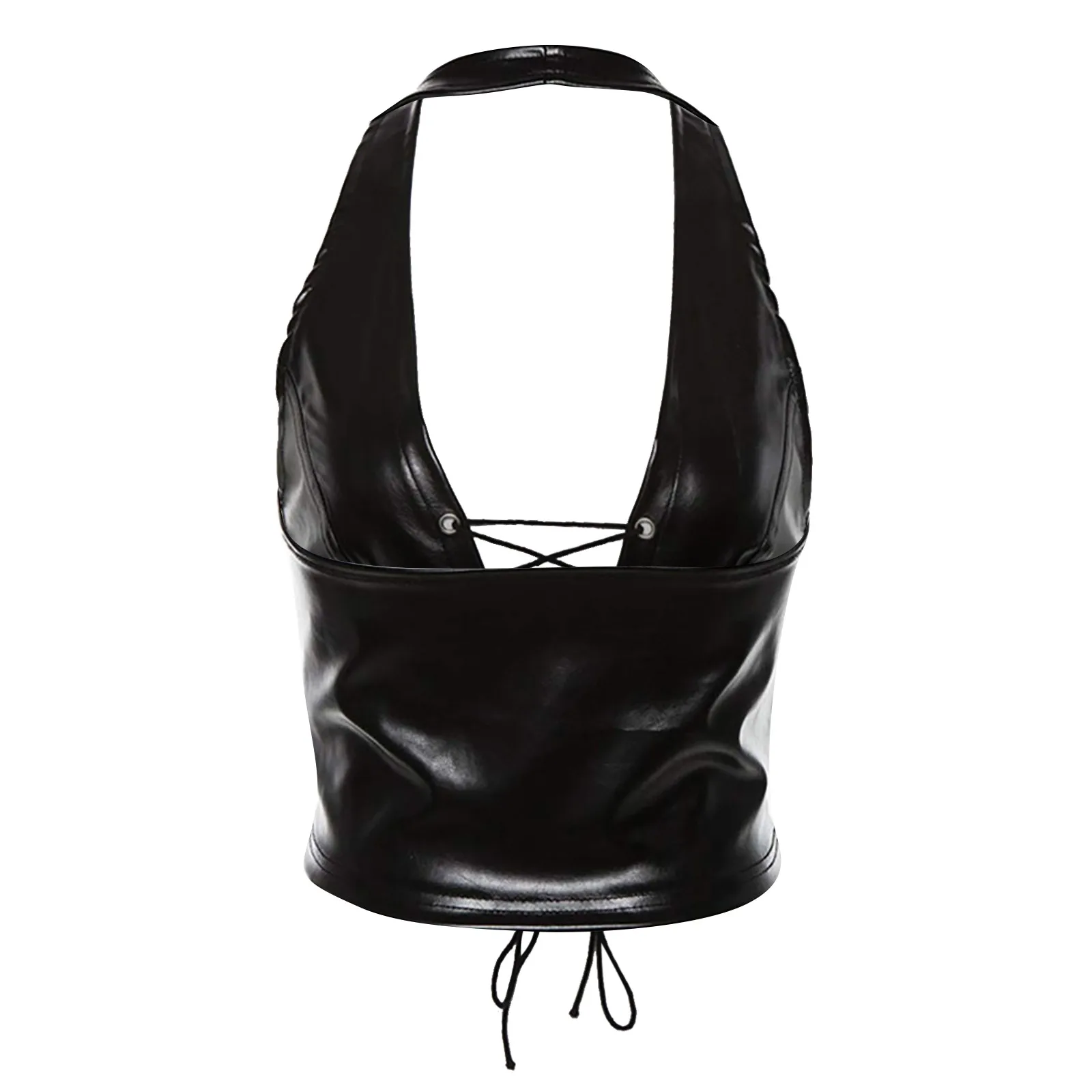 

Fashion Punk Black Leather Hollwo Crop Tops Womens Camisole 2021 Summer Fashion Stretch Tees Slim Soft Leather Tank Tops