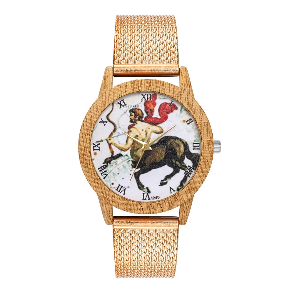 

Fashion Children Quartz Watch Golden Silicone Strap Cartoon Constellation Pattern Imitation Wood Alloy Dial Kids Watches Ladies