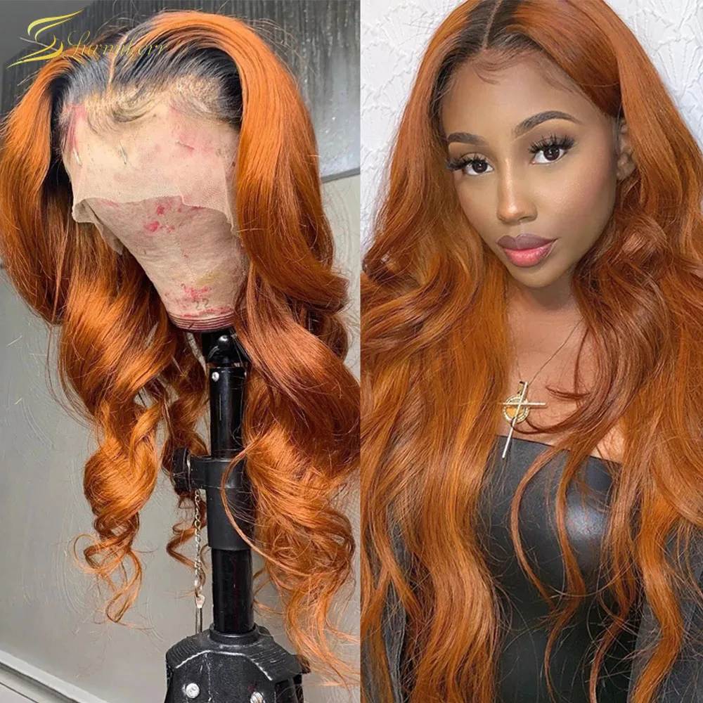 

Ginger Orange Remy Lace Frontal Human Hair Wigs For Black Women Ombre Color Pre Plucked Deep Part Wavy Glueless Wigs Brazilian