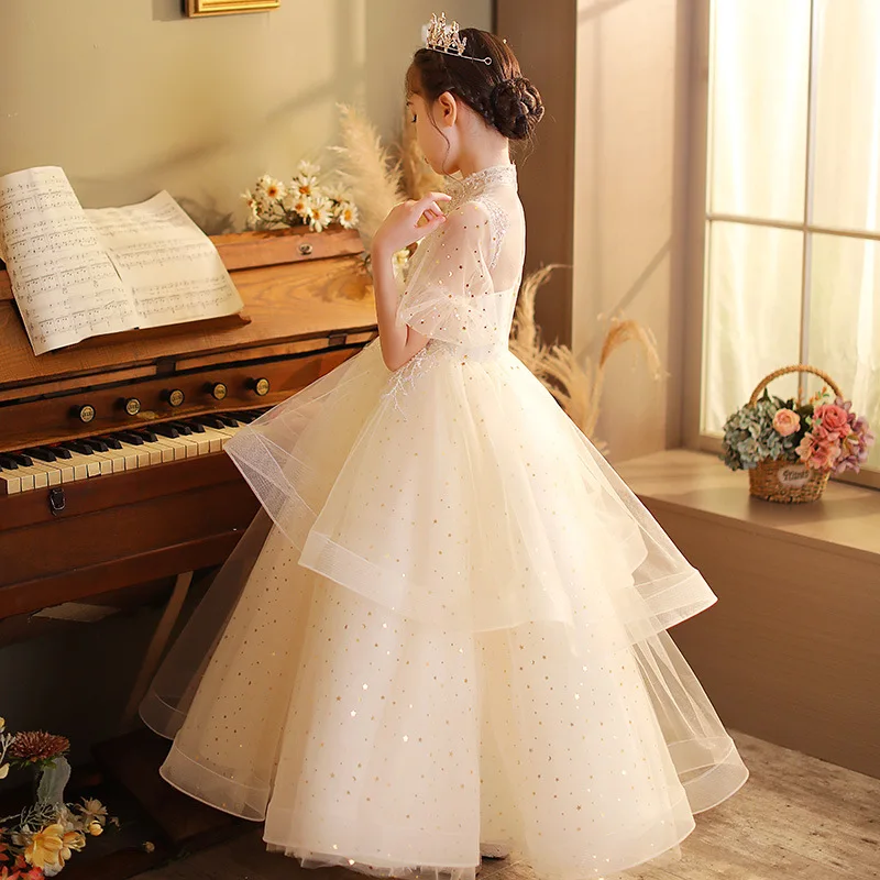 

Детское платье принцессы с помпонами из пряжи, маленькое вечернее детское платье для выступления на пианино, платья с цветами для девочек н...