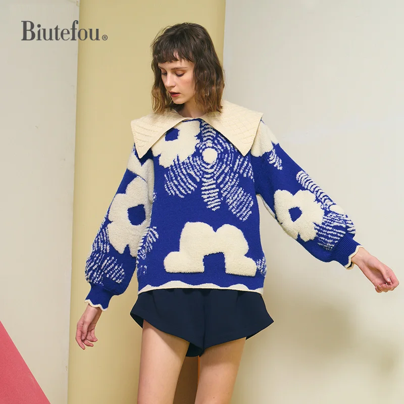 

Весна 2022, женский свитер с отложным воротником и цветными цветами