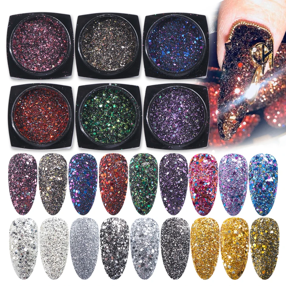 Голографический Набор для украшения ногтей 6 шт. Микс ослепительный порошок на
