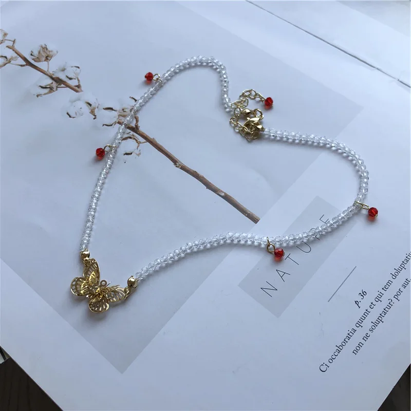 Korean fashion butterfly pendant necklaces for women cute transparent beads chain statement necklace jewelry girl party gift | Украшения и