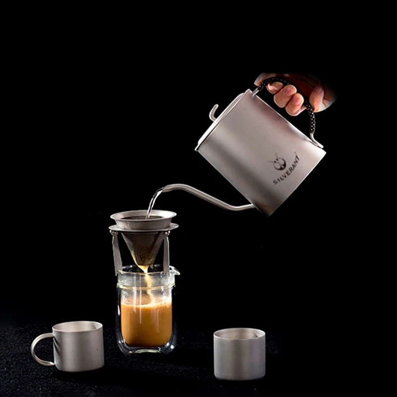 

Silverant Titanium Camping Coffee Pot Maker Pour Over Gooseneck Spout Kettle With Hanging Ear Braided Handle Titanium Gray