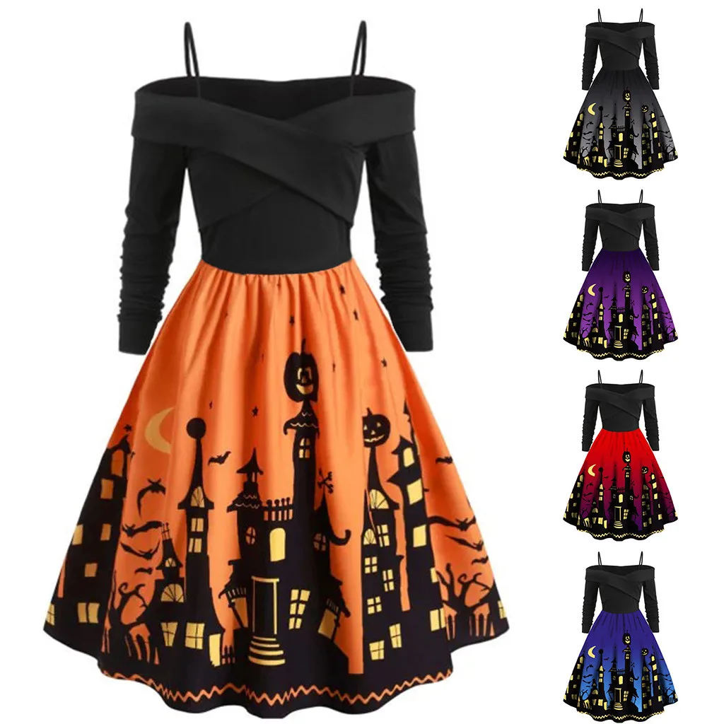 Women Pumpkin Party Print Dress Halloween Long Sleeve V Neck Vintage Casual Sexy Dresses vestido corto mujer FD