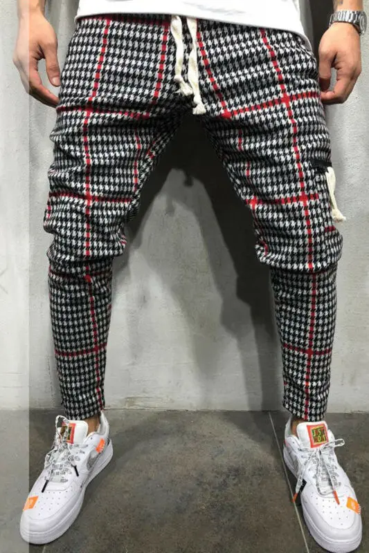 

Mens Plaid Skinny Harem Trousers Pants Joggers Jogging Slim Fit Casual Bottoms Sweat Track Pants