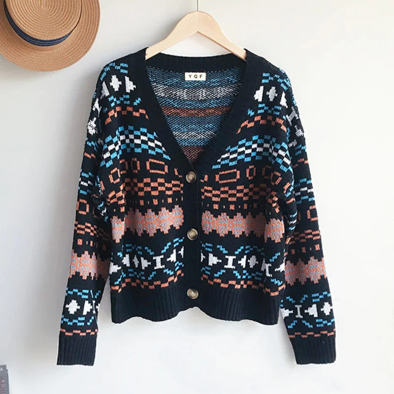 

Japaness Fashion Jacquard Cropped Knitted Cardigan Women Sweater Korean Vintage Female Outerwear Chic Tops Pull Femme Hiver