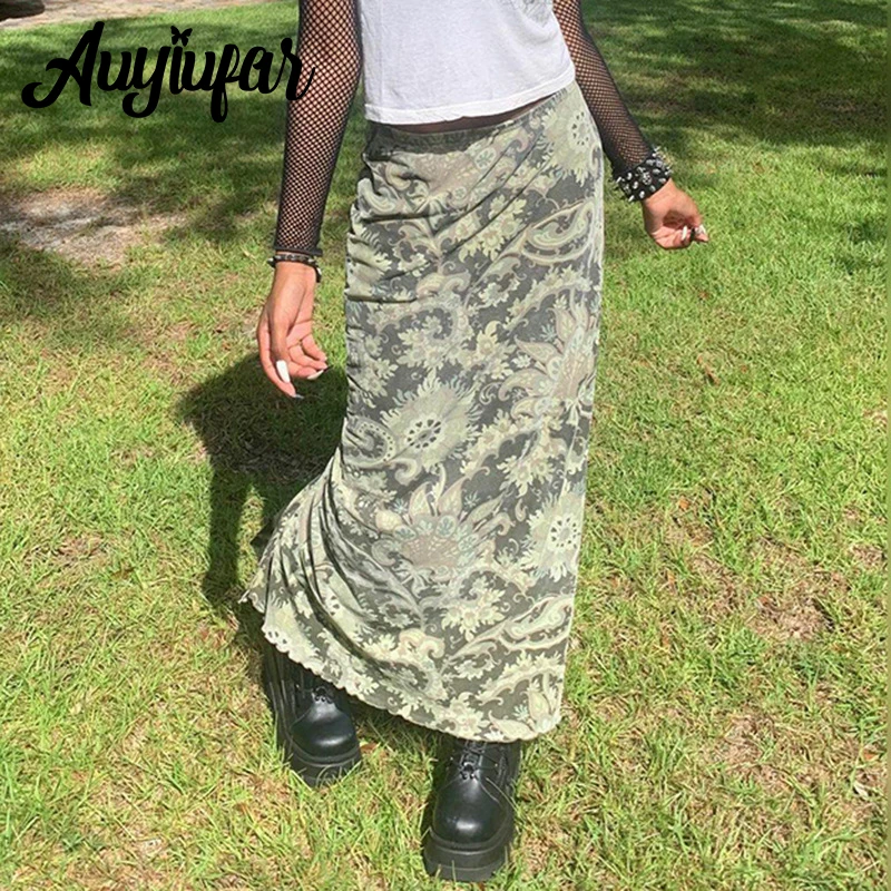 

Auyiufar Green Floral Pattern Fairy Grunge Maxi Skirts Y2k Cottagecore High Waist Women Outfits Aesthetic Goblincore Retro Skirt