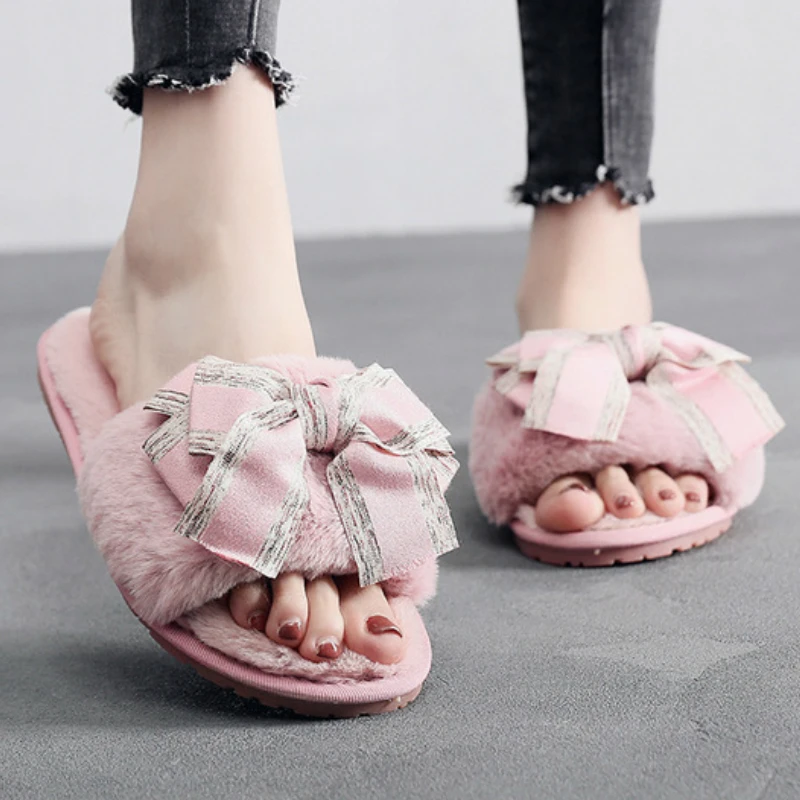 

Women Indoor Fur Slippers Home Faux Furry Slides Butterfly Knot Flats Open Toe Soft Fluffy Cute Shoes Ladies Female Keep Warm