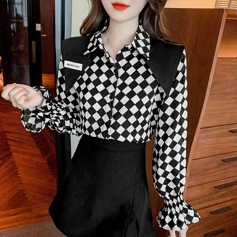 

Summer Autumn New Women's Blouses Polo Shirt Long Sleeve Top Stitching Lattice Casual Fashion Loose Houthion Poplin Button