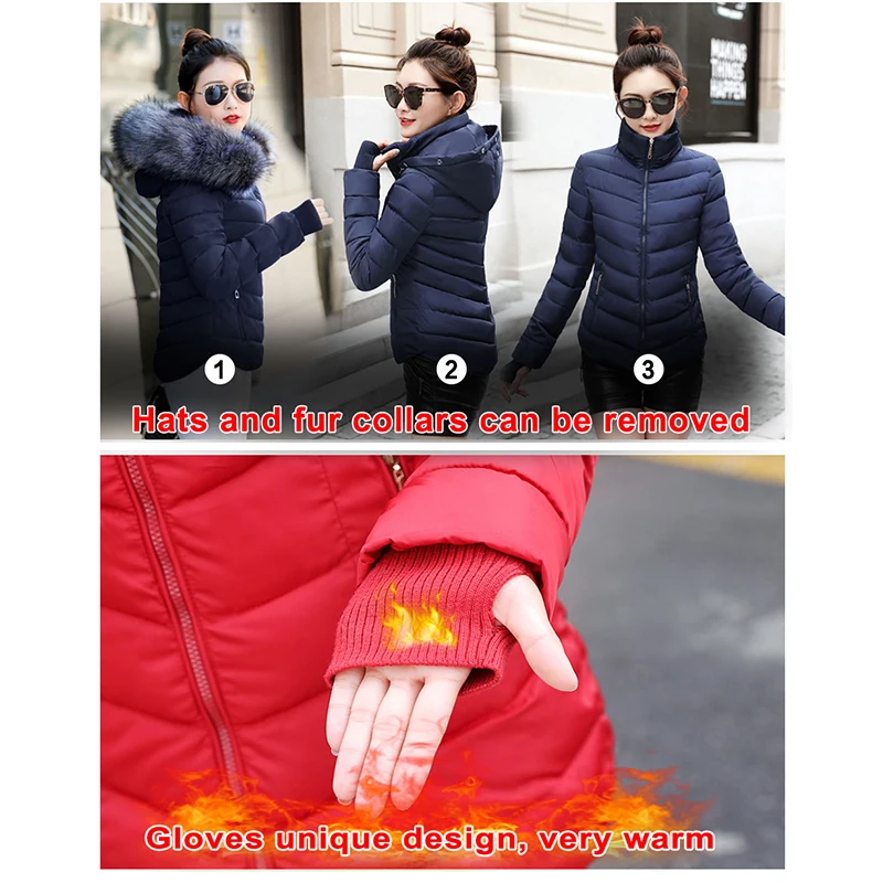 

women winter jacket Detachable hat fur collar Gloves warm thick parka cotton padded short female fashionwomens coat jacket