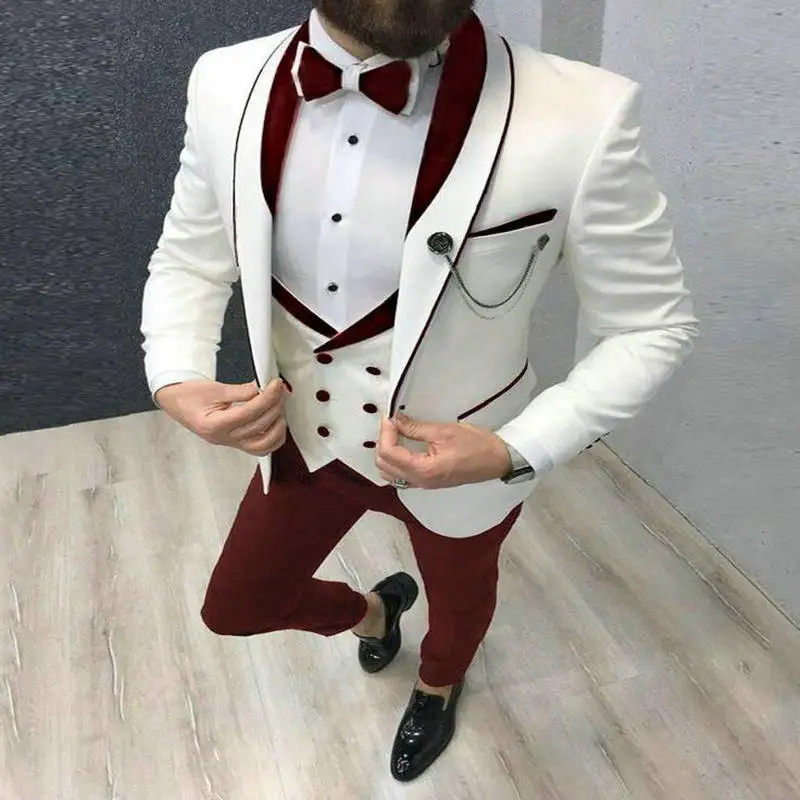2021 Men's Suit Fashion Formal Business Slim Fit 3-Pieces White Blazers Burgundy Pant Men's Tuxedo Wedding Men Suits Groom Suit