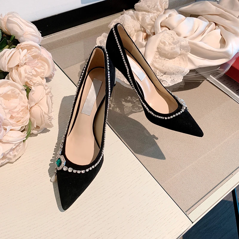 Женские туфли лодочки на высоком каблуке 9 см черные элегантные женские из флока с острым носком украшенные