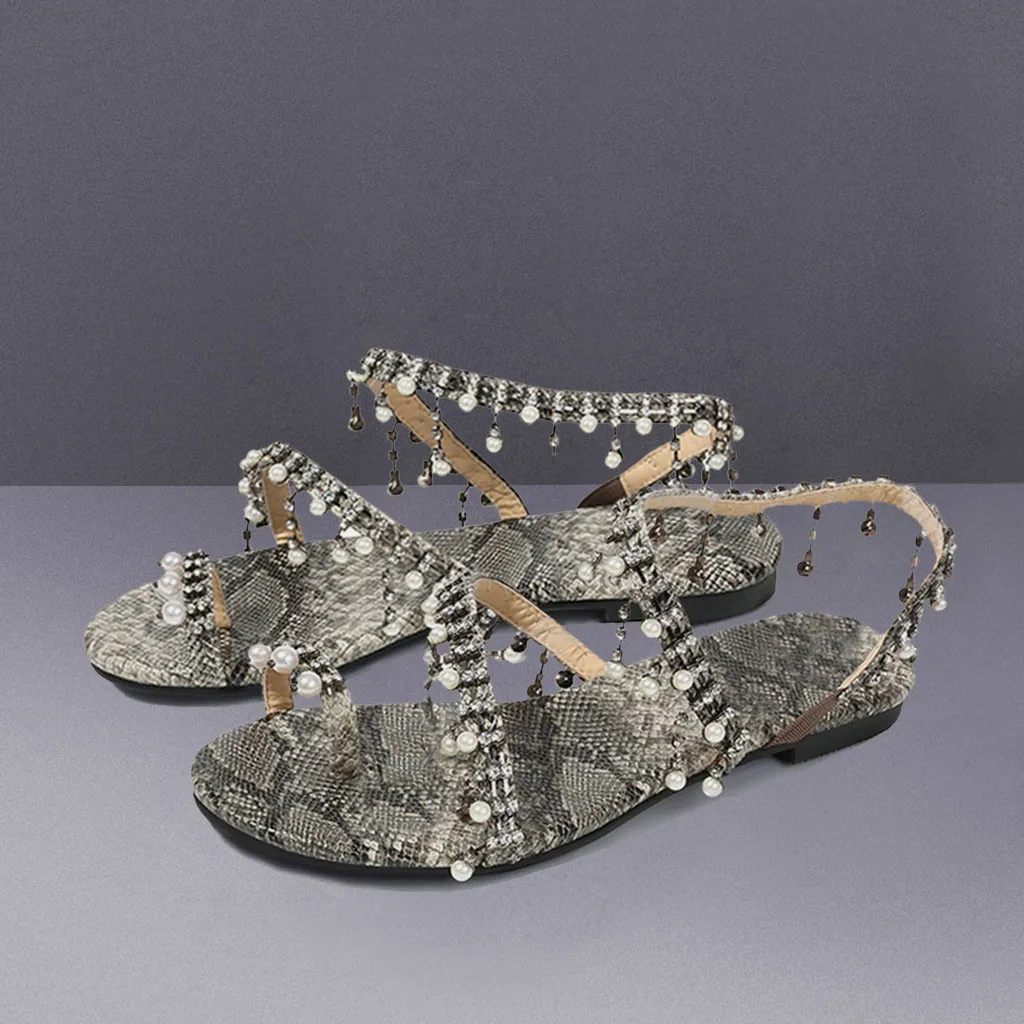 

2020 Women shoes Sexy Snake Print Sandals Pearl Retro Rome Flats Simple Style Ladies Fashion Pumps shoes sandalia feminina