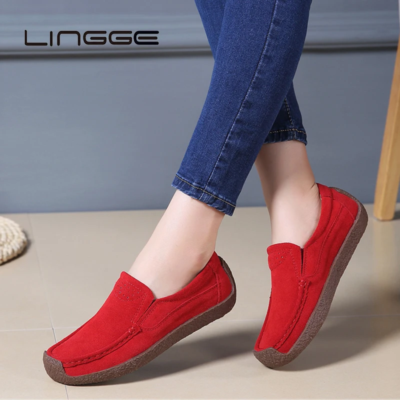 LINGGE/женские лоферы на плоской подошве Элегантные замшевые кожаные мокасины