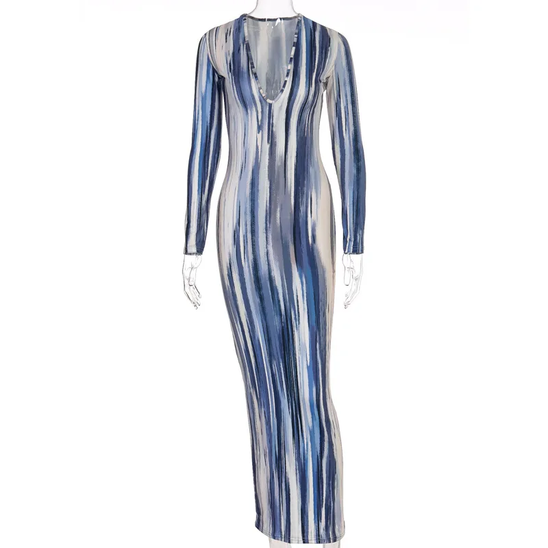 

Multicolor Print Sexy Deep V Neck Bodycon Maxi Dresses For Women Long Sleeve Slim Fit Elegant Party Long Dress