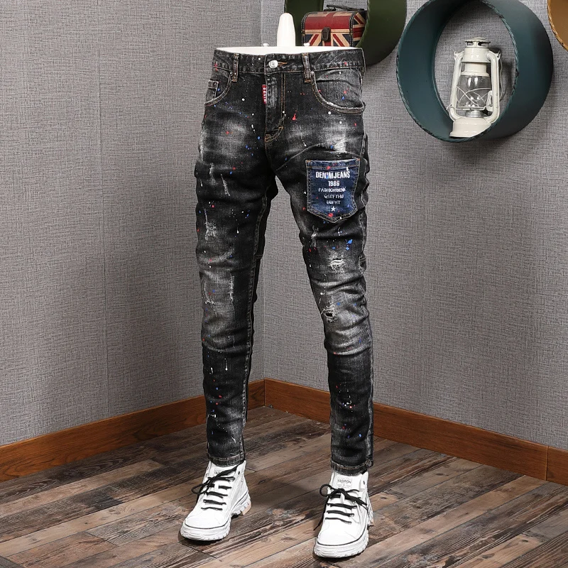 

SHZQ Newly Designer Fashion Men Jeans Italian Vintage Painted Retro Ripped Denim Pants Streetwear Elastic Slim Fit Hip Hop Trous