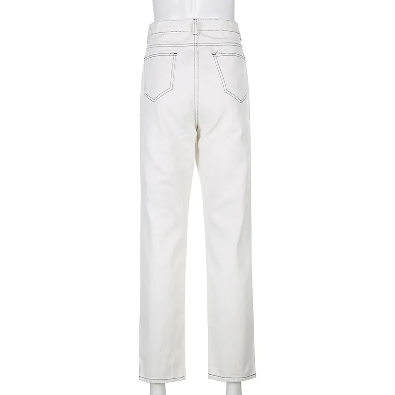 

2020 New Arrivals Woman Autumn Winter High Waist Ladies Jeans Split White Solid Hip Hop Style Denim Loose Stright Pants