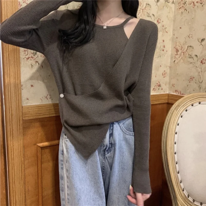 Осень 2021 дизайнерский Вязаный топ с имитацией двух длинных рукавов Свободный