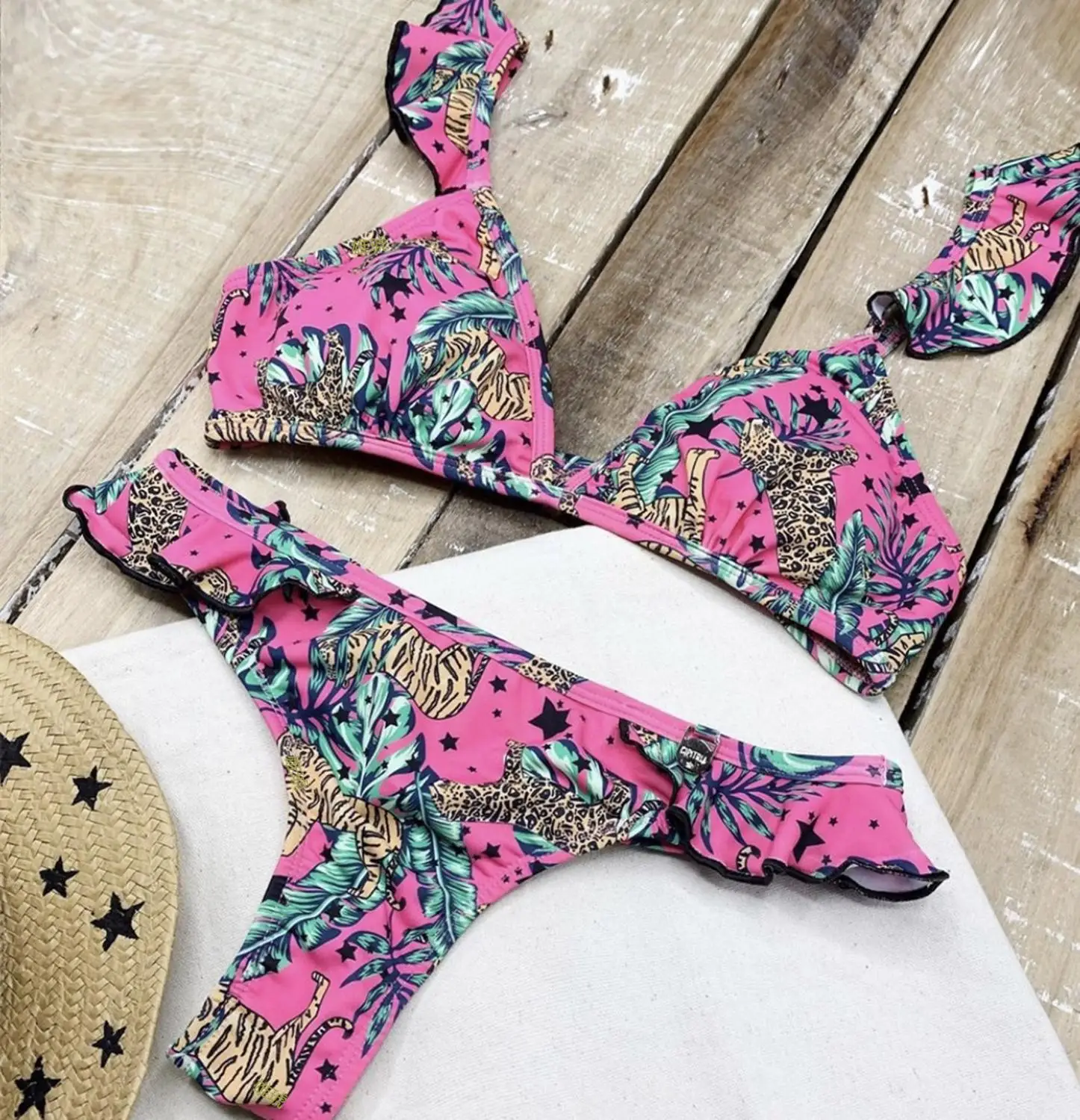 Купальник женский леопардовый пикантный бикини на шнуровке с высоким вырезом