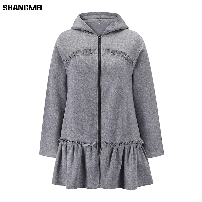 

Fashion Long Women Hoodie Sweatshirts Autumn Winter Loose Ladies Zipper Closure Cardigan Long Sleeve Ruffles Hem Hooded Coat