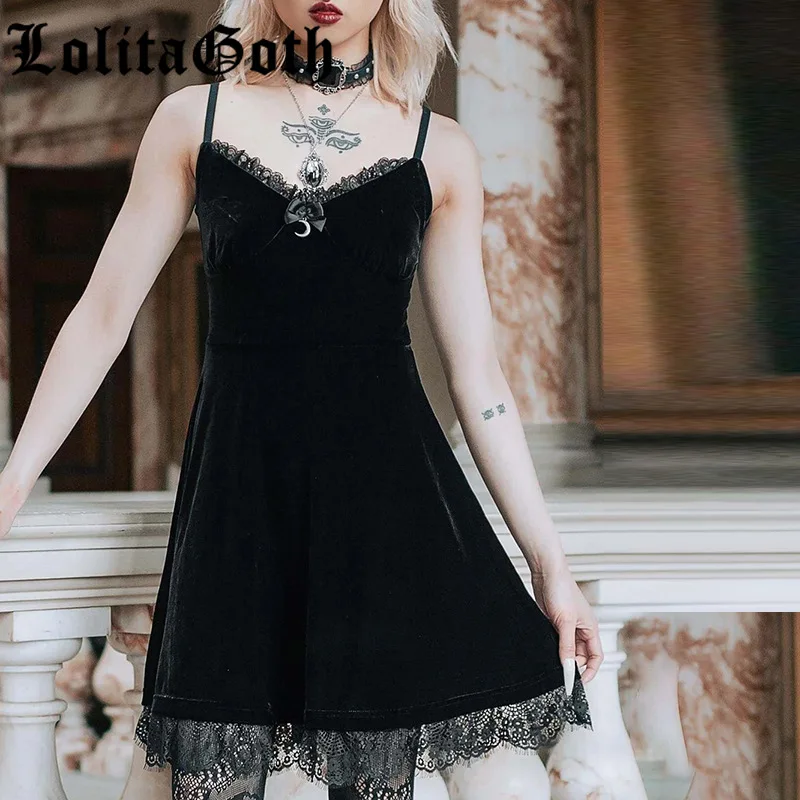 

Lolita Goth Lace Trim Black Mini Dress Vntage Half Moon Pendent Corset Dress Goth Aesthetic Sexy V Neck Backless Party Dresses