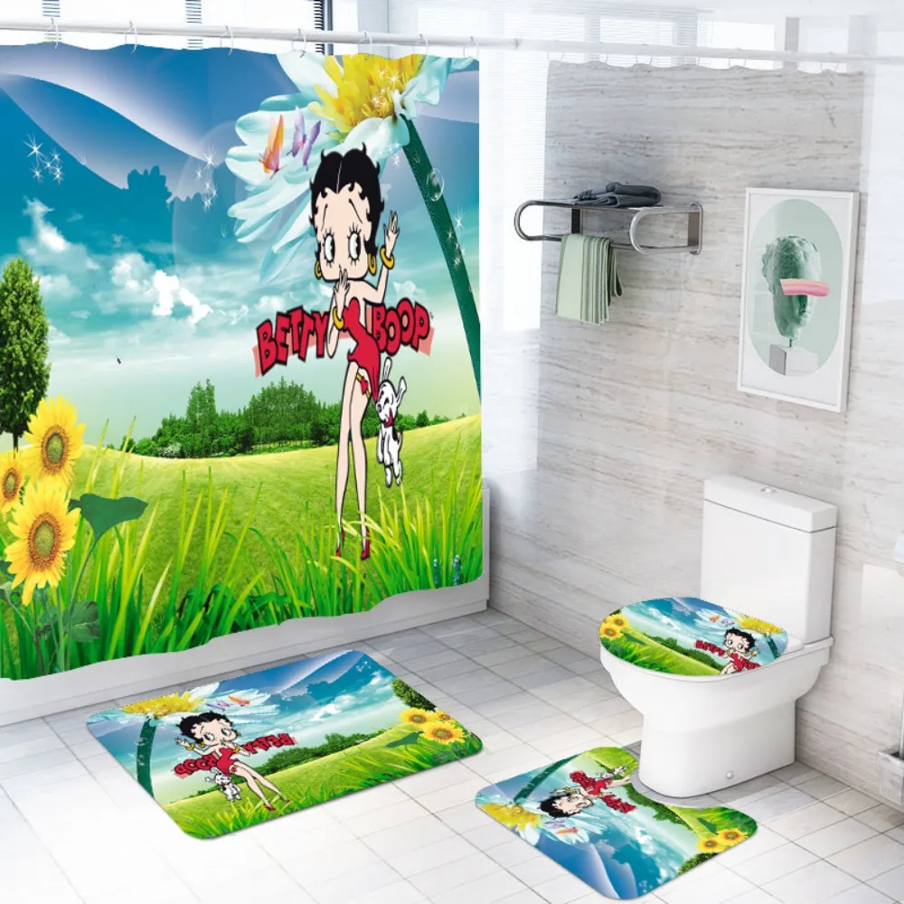 

Cartoon Betty Boop Shower Curtain Waterproof Polyester Fabric Bath Curtain Toilet Lid Cover Bath Rugs Mat Set 4 Piece Bath Decor