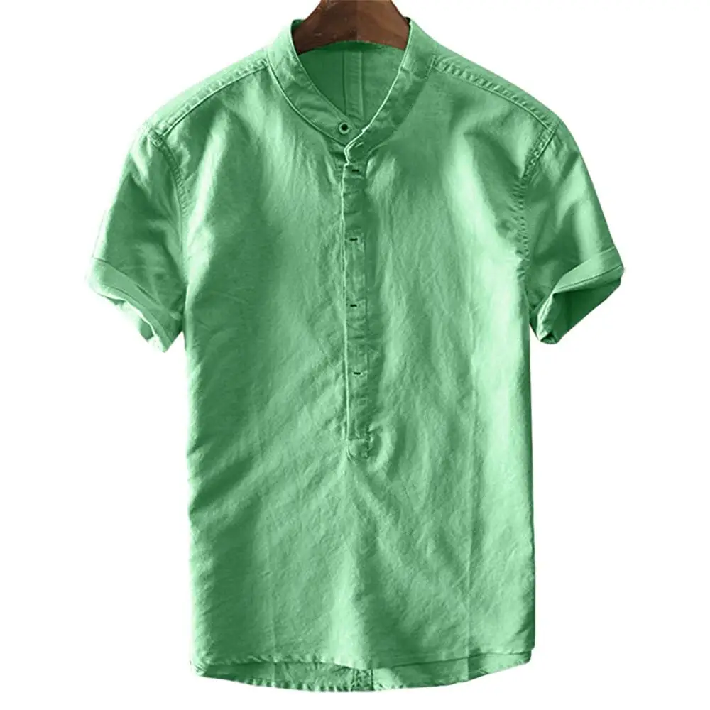 Cotton Linen Shirt Men 2020 Summer Short Sleeve Henley Chemise Homme Casual Slim Fit O Neck Beach Dress Shirts Camisa 3XL | Мужская