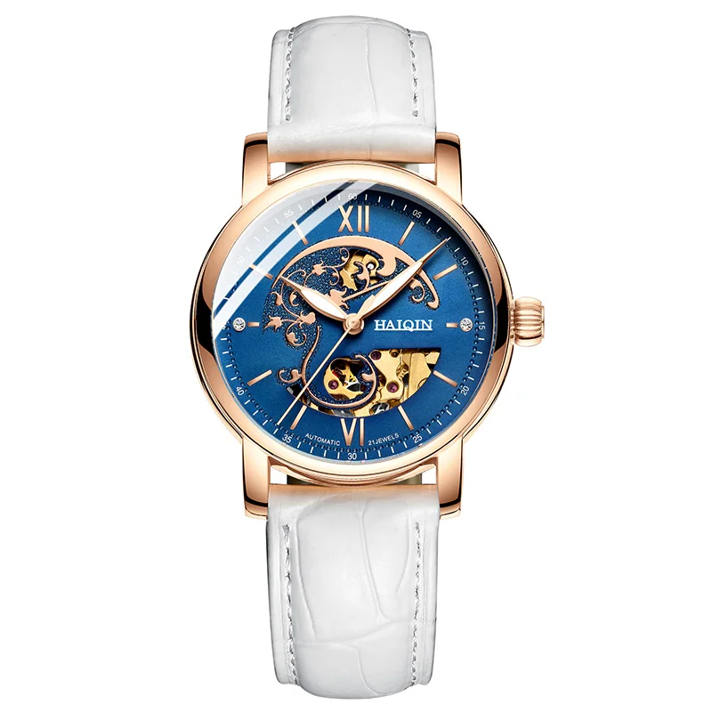 White Gold Blue HAIQIN автоматические женские часы лучший бренд класса люкс Женские Механические женские наручные часы кожаные водонепроницаемые часы Relogio Feminino - Цвет: White Gold Blue