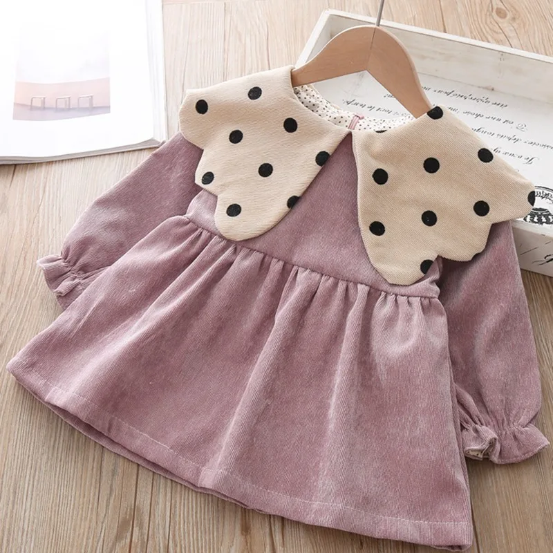 2019 г. Осенние платья принцессы для девочек детское вельветовое платье в горошек с