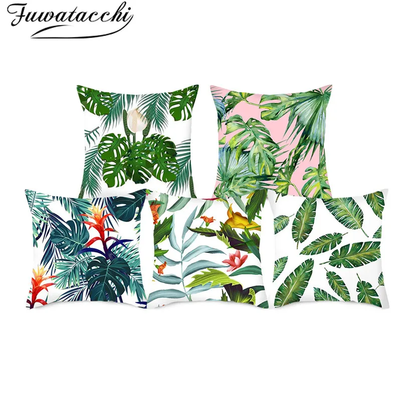 Fuwatacchi Leave Linen Cushion Cover Green Plant Leaf Pillow for Home Chair Sofa Decorative Pillowcases Flower 45*45 | Дом и сад